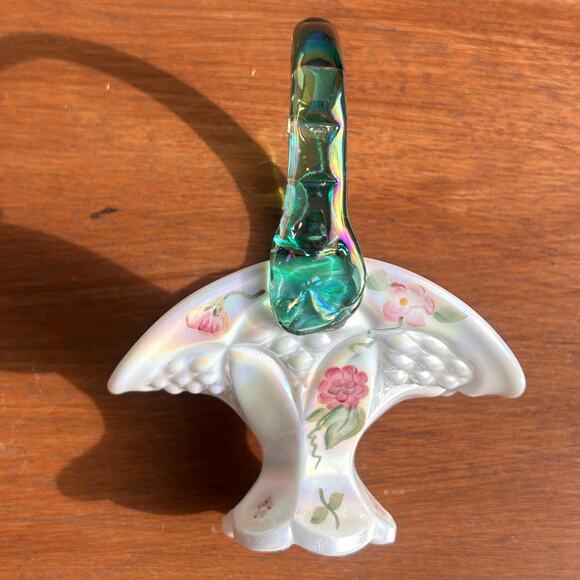 Fenton Mini Basket White 4.5" Iridescent Peacock Tail Floral Signed QVC 2001 - Picture 7 of 11